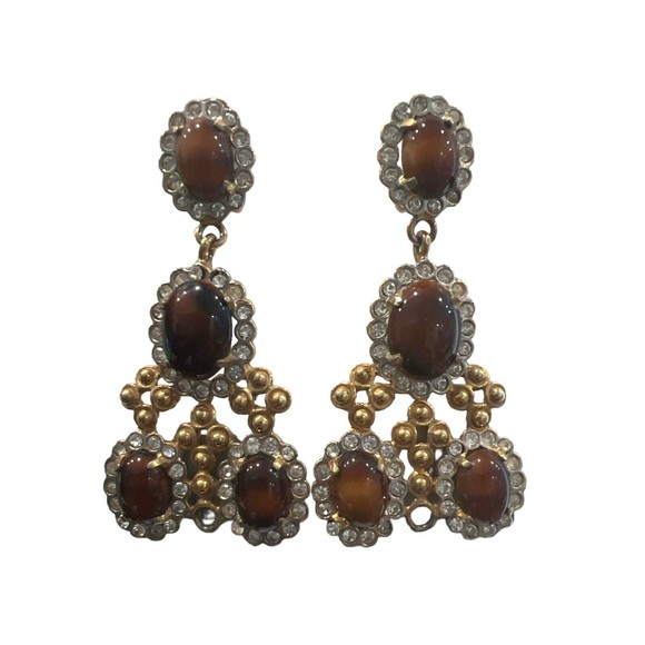 Vtg KJL Chandelier Earrings Clip on Brown Cabochon Rhinestone Dangle 60's - Picture 5 of 11